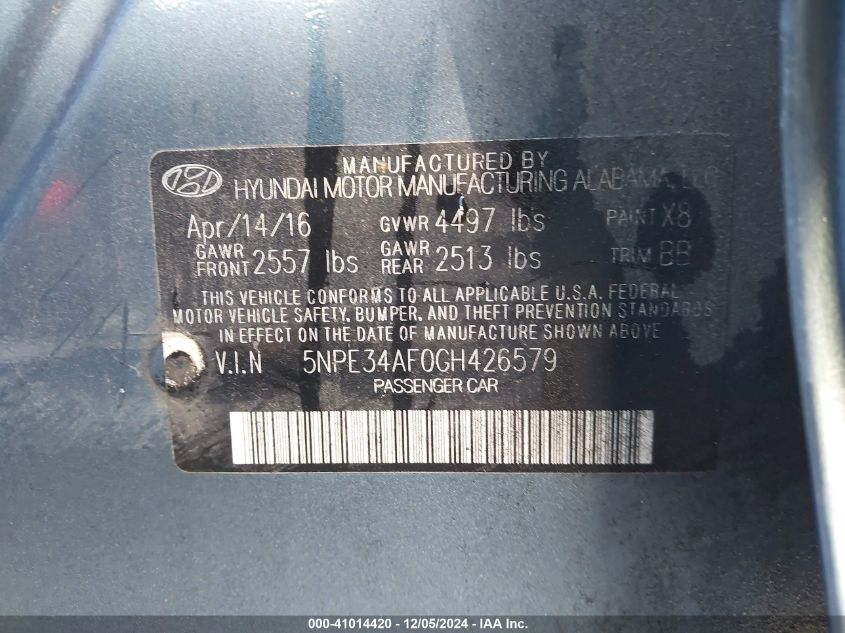 VIN 5NPE34AF0GH426579 2016 Hyundai Sonata, Limited no.9