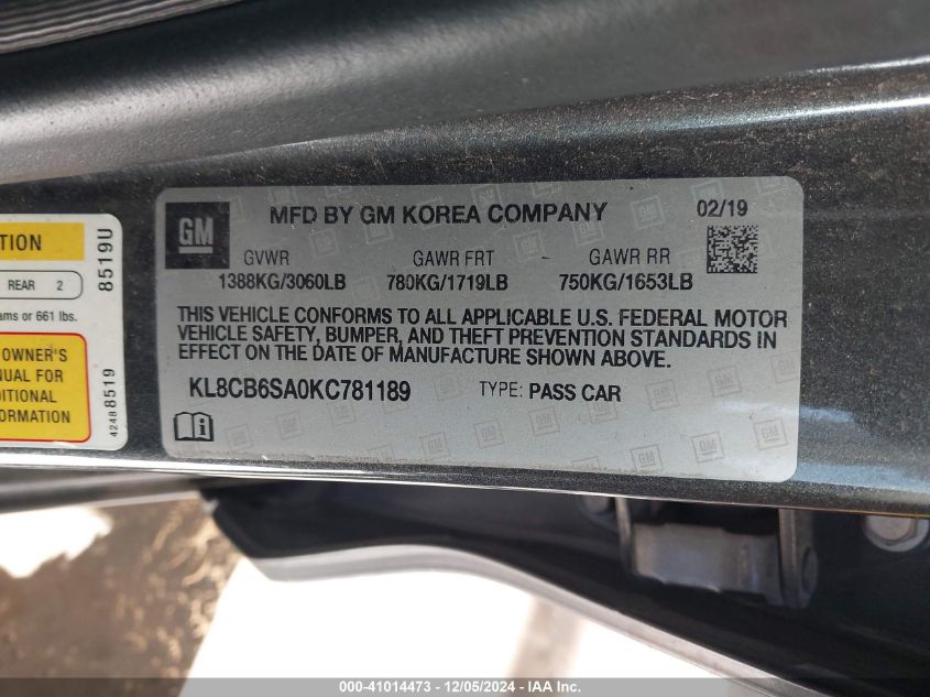 2019 Chevrolet Spark Ls Cvt VIN: KL8CB6SA0KC781189 Lot: 41014473