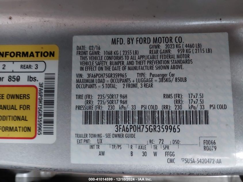 VIN 3FA6P0H75GR359965 2016 FORD FUSION no.9