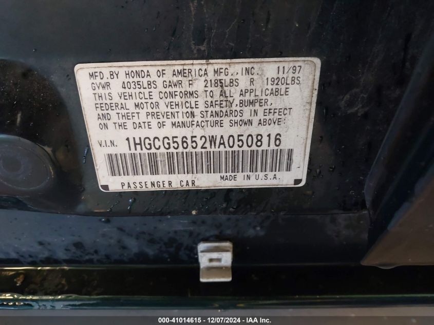 1998 Honda Accord Ex VIN: 1HGCG5652WA050816 Lot: 41014615