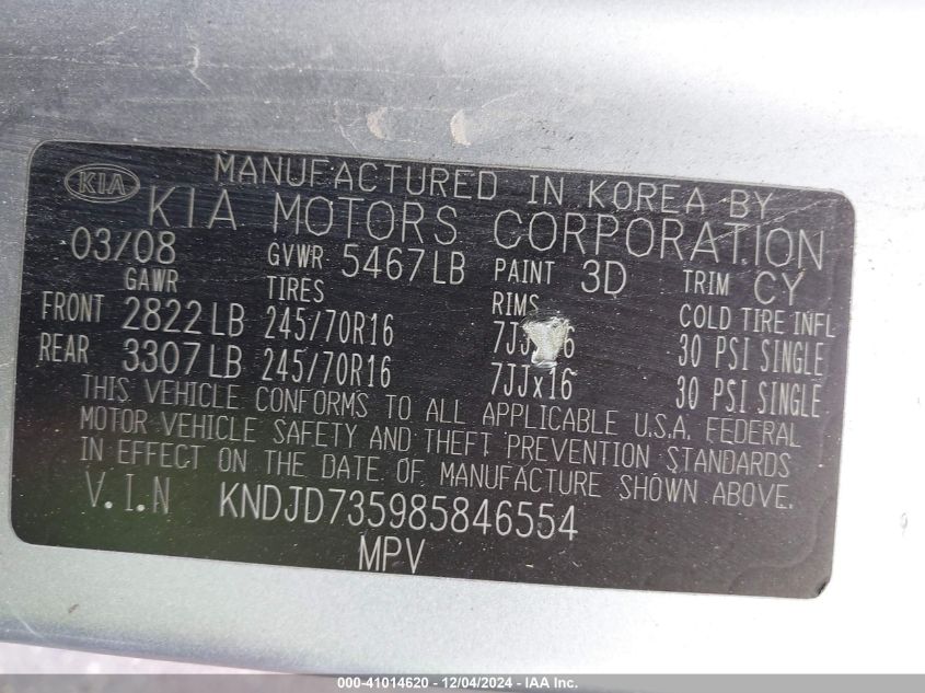 2008 Kia Sorento Lx Base VIN: KNDJD735985846554 Lot: 41014620