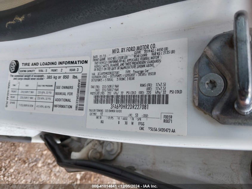 2013 FORD FUSION VIN: 3FA6P0HR2DR227081