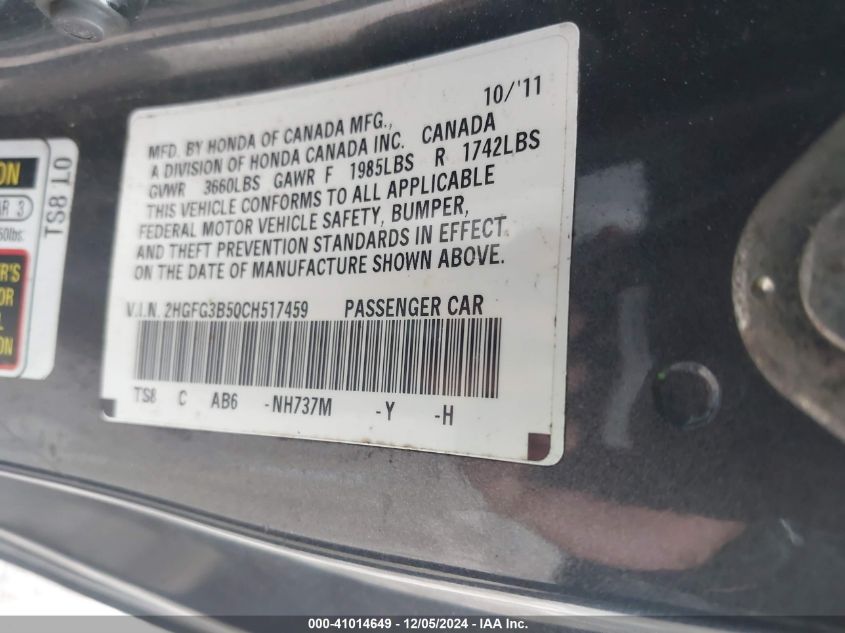 2012 Honda Civic Lx VIN: 2HGFG3B50CH517459 Lot: 41014649