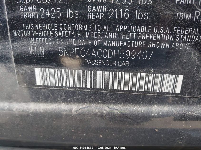 VIN 5NPEC4AC0DH599407 2013 Hyundai Sonata, SE no.9