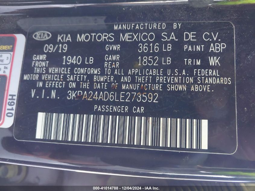 2020 Kia Rio S VIN: 3KPA24AD6LE273592 Lot: 41014788