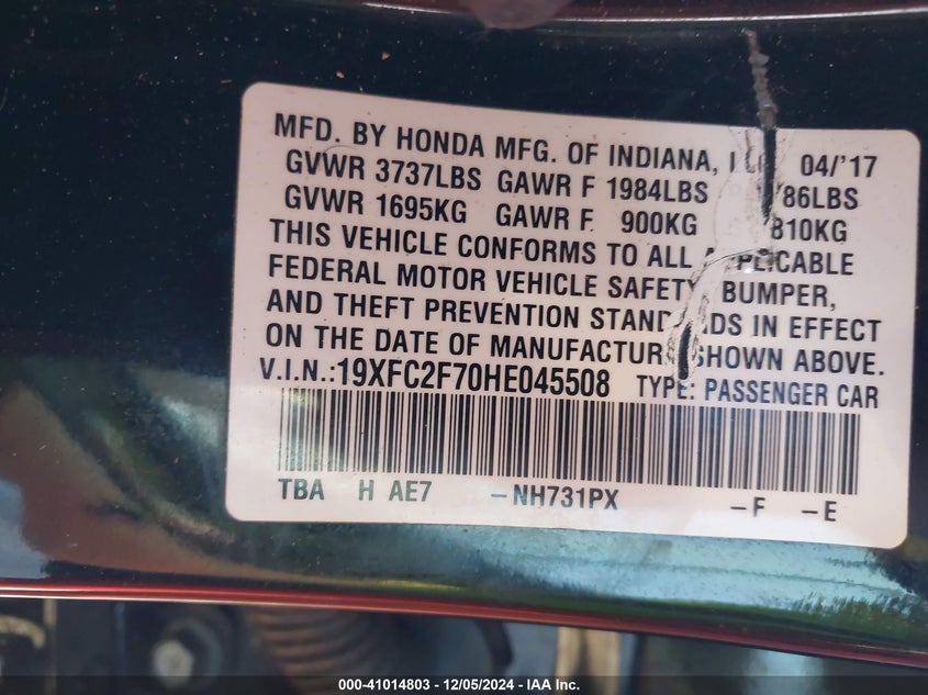 2017 HONDA CIVIC EX - 19XFC2F70HE045508