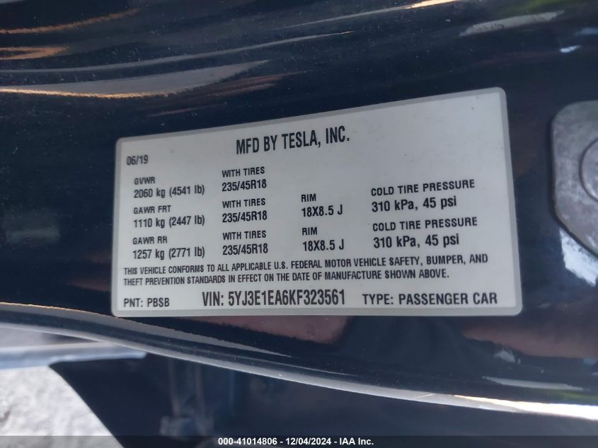 VIN 5YJ3E1EA6KF323561 2019 Tesla Model 3, Long Rang... no.9