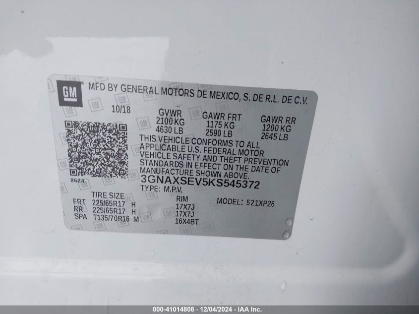 VIN 3GNAXSEV5KS545372 2019 CHEVROLET EQUINOX no.9