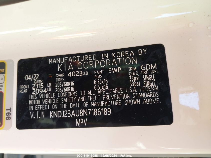 2022 Kia Soul Lx VIN: KNDJ23AU8N7186189 Lot: 41015088