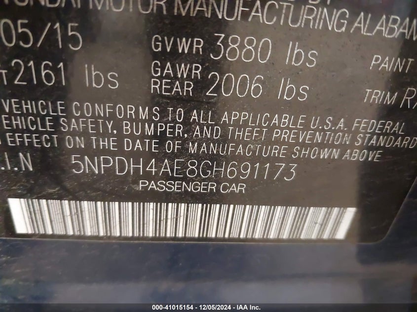 2016 HYUNDAI ELANTRA VIN: 5NPDH4AE8GH691173