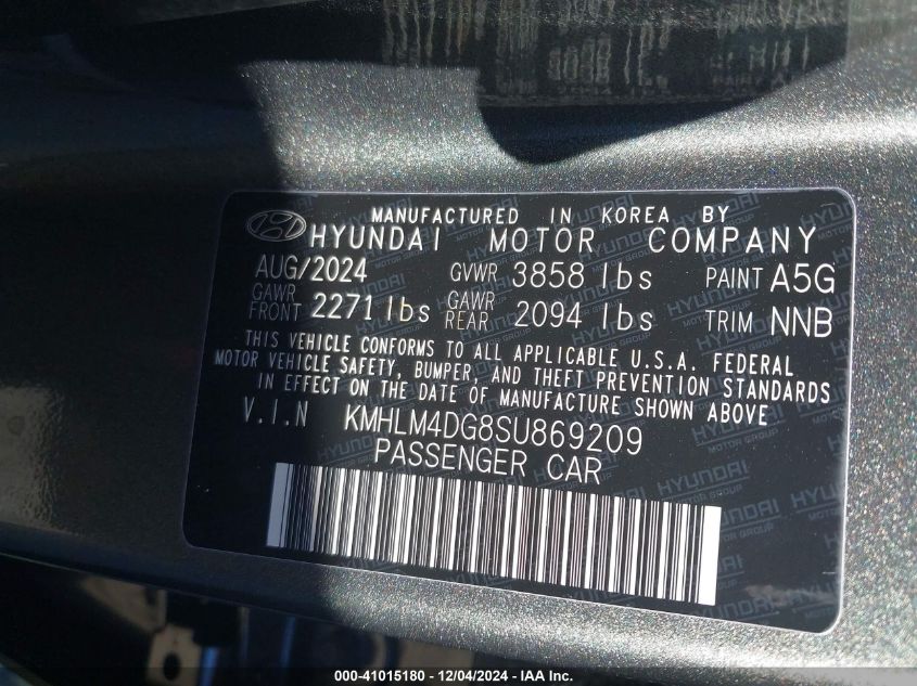 2025 Hyundai Elantra Sel Sport VIN: KMHLM4DG8SU869209 Lot: 41015180