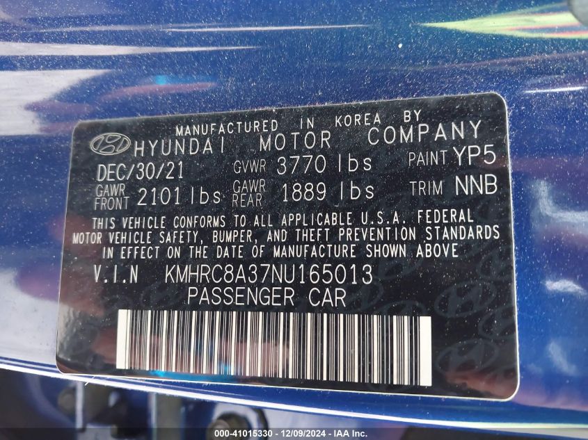 2022 Hyundai Venue Limited VIN: KMHRC8A37NU165013 Lot: 41015330