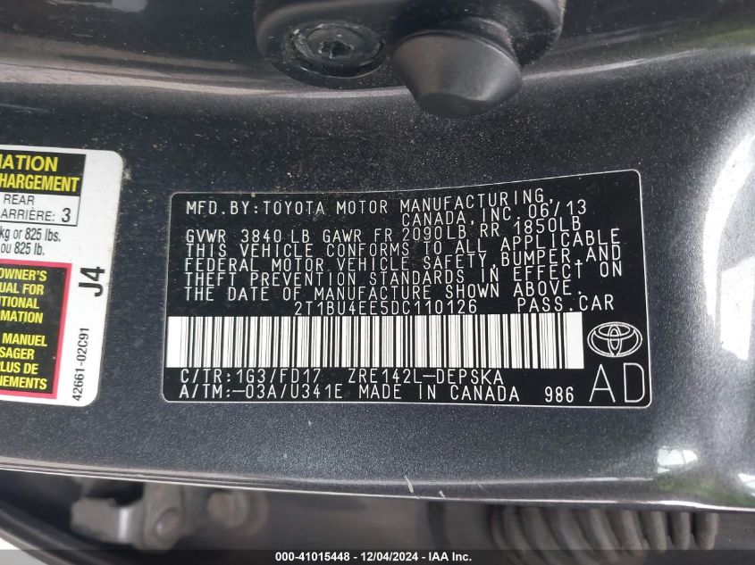 VIN 2T1BU4EE5DC110126 2013 Toyota Corolla, S no.9