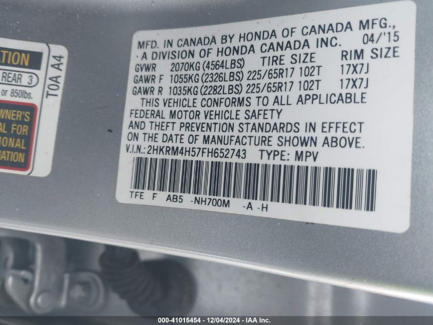 VIN 2HKRM4H57FH652743 2015 Honda CR-V, EX no.9