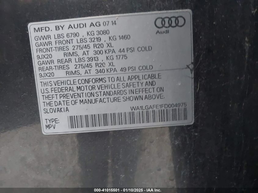 VIN WA1LGAFE1FD004975 2015 AUDI Q7 no.9