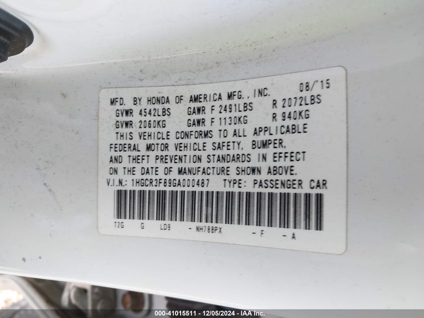 2016 HONDA ACCORD VIN: 1HGCR3F89GA000487
