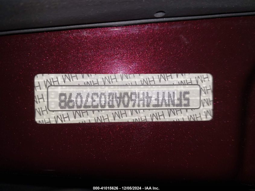 2010 Honda Pilot Ex-L VIN: 5FNYF4H60AB038098 Lot: 41015626