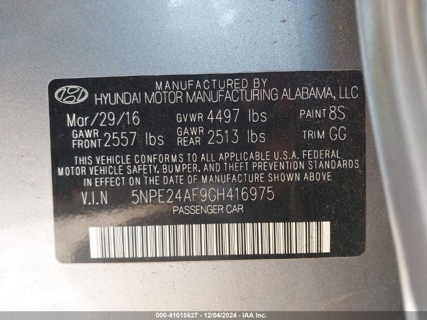 VIN 5NPE24AF9GH416975 2016 Hyundai Sonata no.9