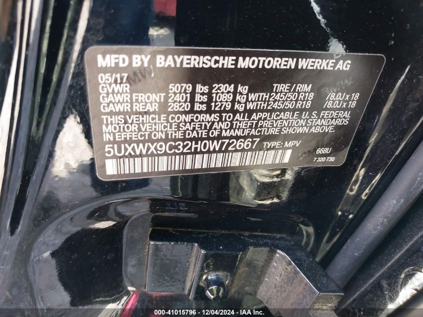 VIN 5UXWX9C32H0W72667 2017 BMW X3, Xdrive28I no.9