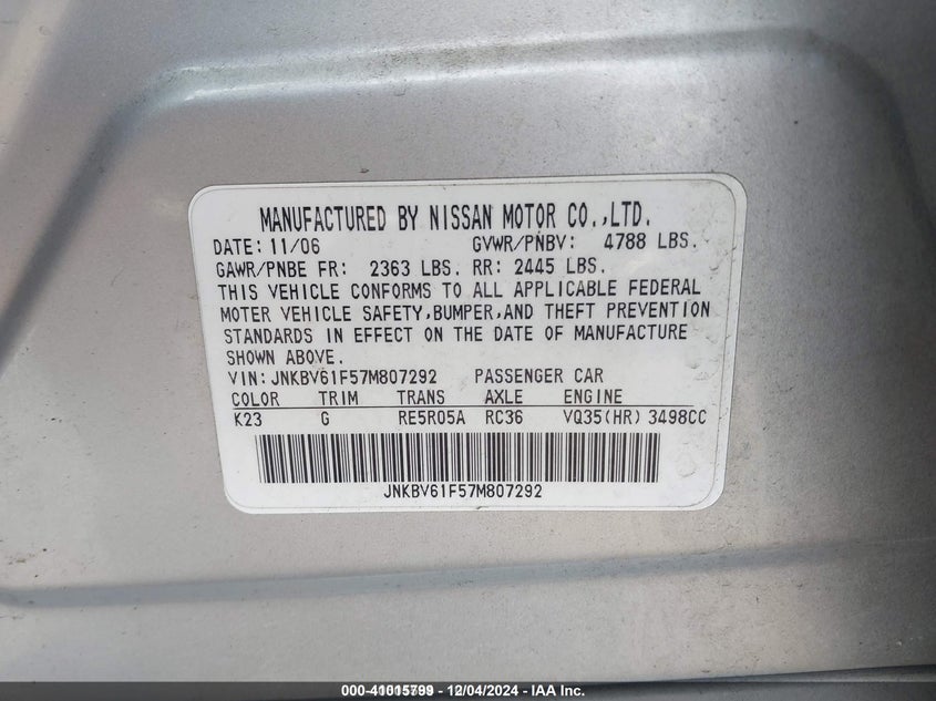 2007 INFINITI G35X VIN: JNKBV61F57M807292