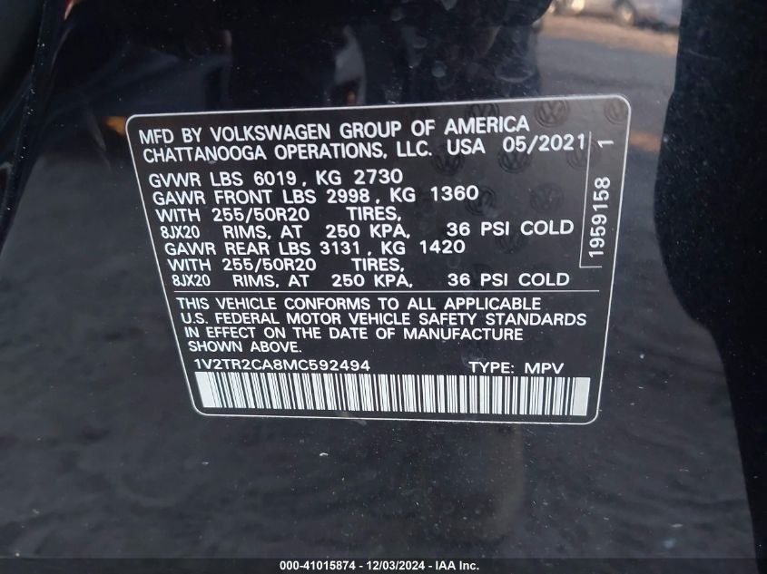 VIN 1V2TR2CA8MC592494 2021 VOLKSWAGEN ATLAS no.9