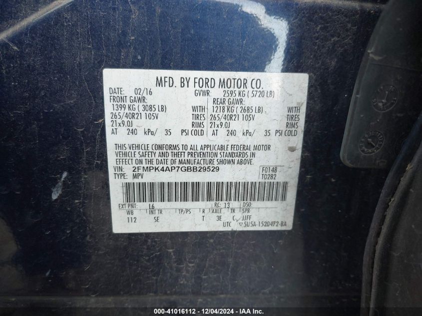 VIN 2FMPK4AP7GBB29529 2016 FORD EDGE no.9