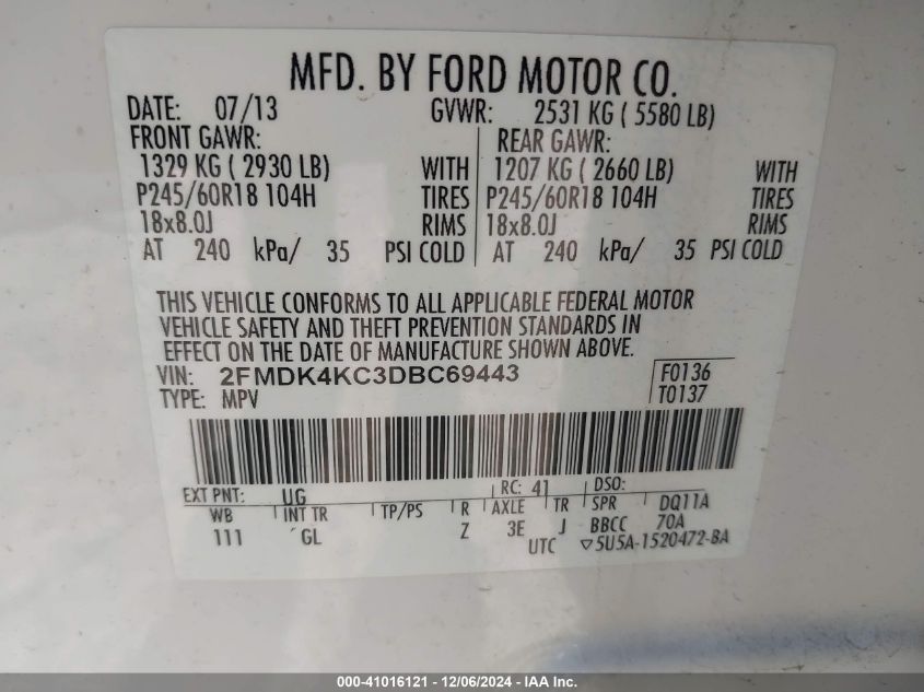 VIN 2FMDK4KC3DBC69443 2013 Ford Edge, Limited no.9