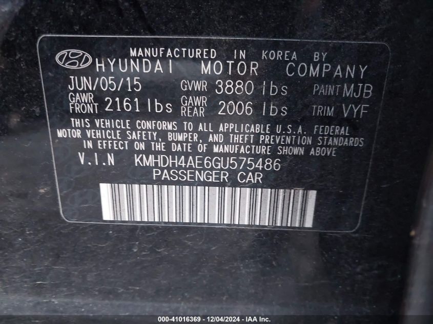 2016 Hyundai Elantra Se VIN: KMHDH4AE6GU575486 Lot: 41016369