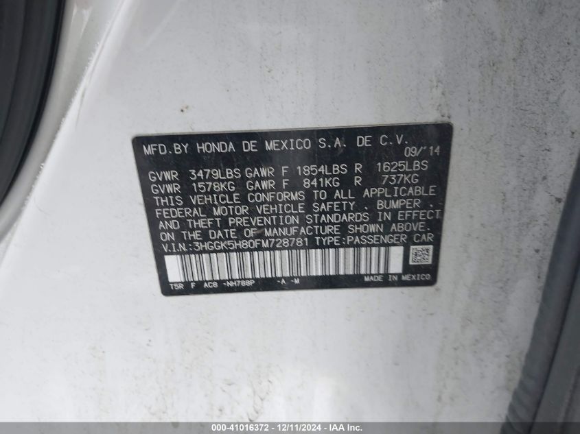 VIN 3HGGK5H80FM728781 2015 HONDA FIT no.9