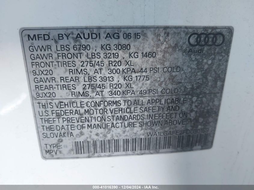 VIN WA1LGAFE2FD030159 2015 Audi Q7, 3.0T Premium no.9