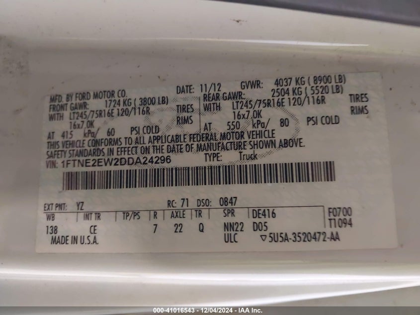 2013 FORD E-250 COMMERCIAL - 1FTNE2EW2DDA24296