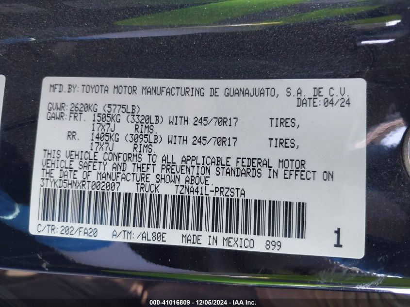 2024 Toyota Tacoma Sr VIN: 3TYKD5HNXRT002007 Lot: 41016809