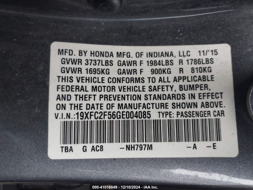 VIN 19XFC2F56GE004085 2016 Honda Civic, LX no.9