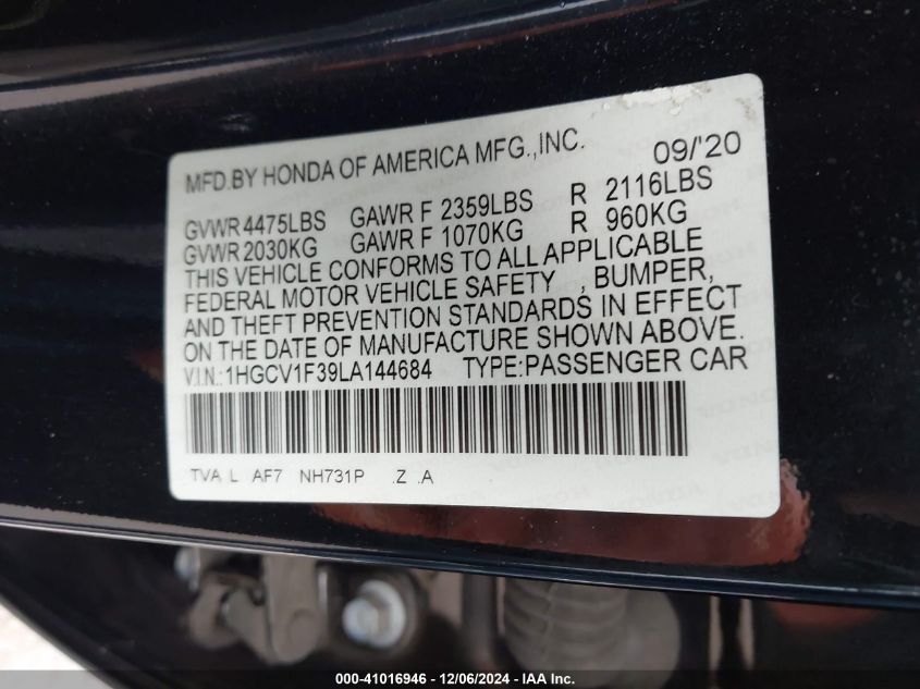 VIN 1HGCV1F39LA144684 2020 Honda Accord, Sport no.9