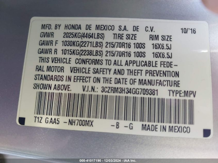 VIN 3CZRM3H34GG709381 2016 HONDA CR-V no.9