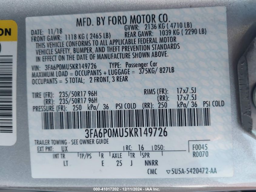 VIN 3FA6P0MU5KR149726 2019 FORD FUSION HYBRID no.9