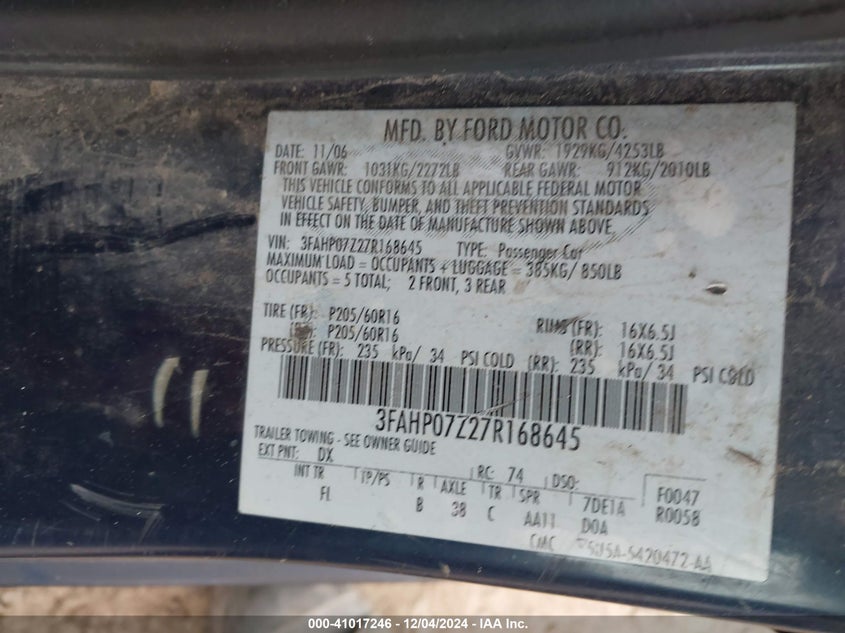 2007 FORD FUSION VIN: 3FAHP07Z27R168645