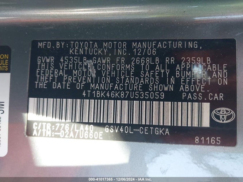 2007 TOYOTA CAMRY VIN: 4T1BK46K87U535059