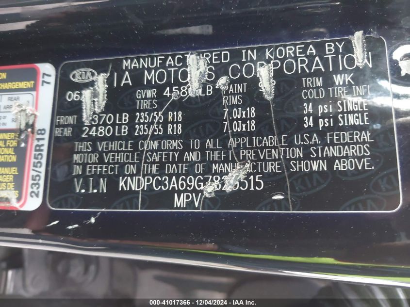 VIN KNDPC3A69G7825515 2016 KIA SPORTAGE no.9