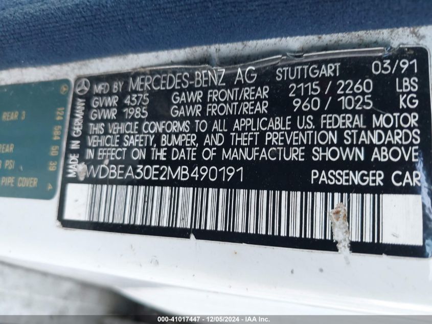 1991 Mercedes-Benz 300 E VIN: WDBEA30E2MB490191 Lot: 41017447