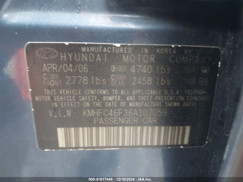 2006 Hyundai Azera Limited/Se VIN: KMHFC46F36A107059 Lot: 41017448