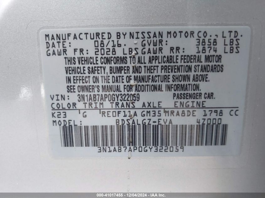 2016 NISSAN SENTRA SL - 3N1AB7AP0GY322059