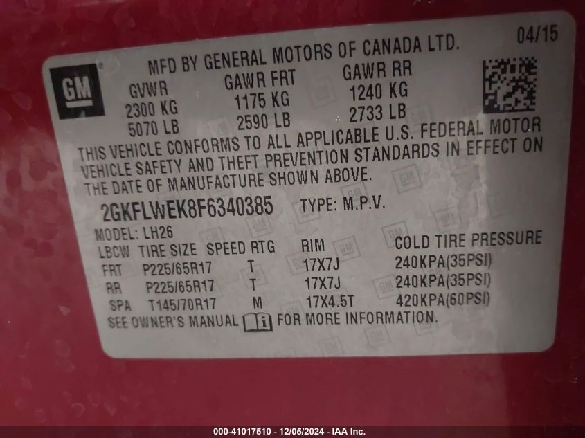 VIN 2GKFLWEK8F6340385 2015 GMC Terrain, Sle-2 no.9