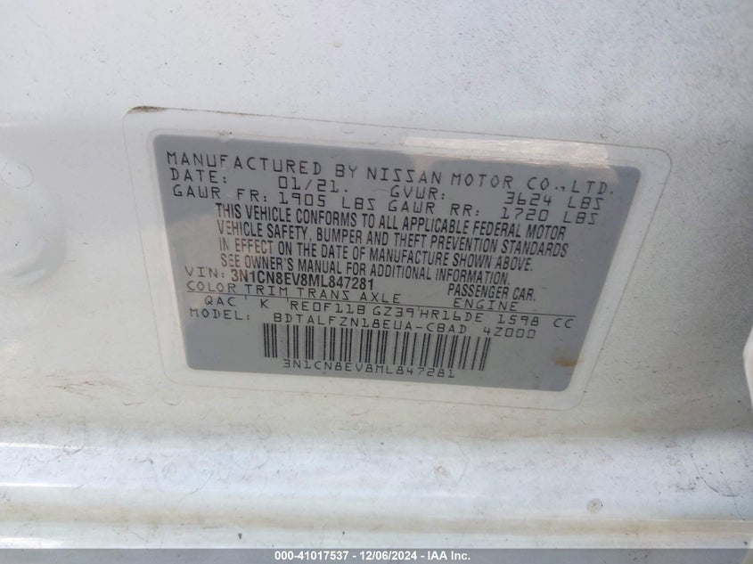 2021 NISSAN VERSA VIN: 3N1CN8EV8ML847281