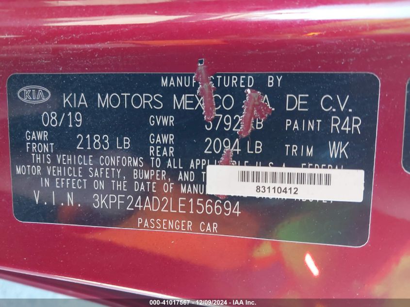 2020 Kia Forte Lxs VIN: 3KPF24AD2LE156694 Lot: 41017567