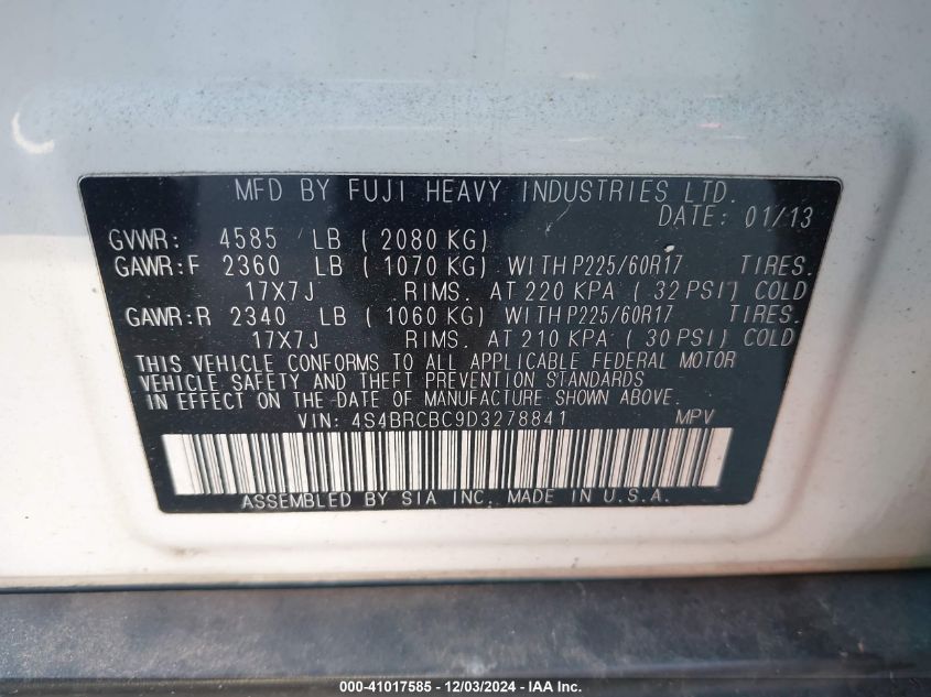 2013 Subaru Outback 2.5I Premium VIN: 4S4BRCBC9D3278841 Lot: 41017585