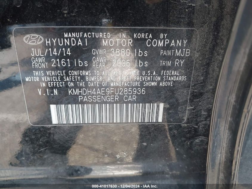 VIN KMHDH4AE9FU285936 2015 Hyundai Elantra, SE no.9