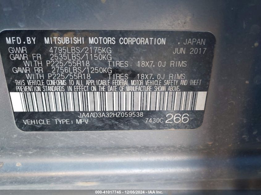 2017 Mitsubishi Outlander Sel VIN: JA4AD3A32HZ059538 Lot: 41017745