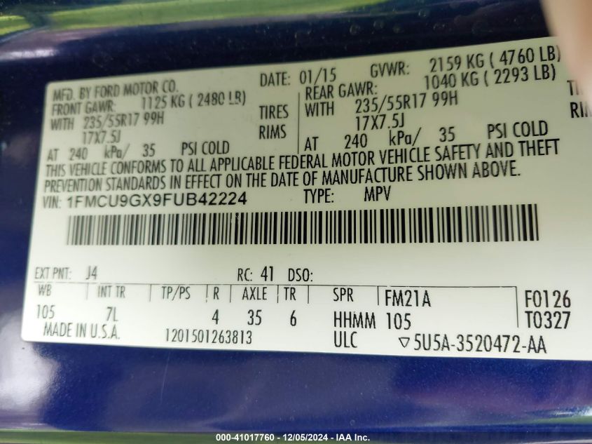 VIN 1FMCU9GX9FUB42224 2015 Ford Escape, SE no.9