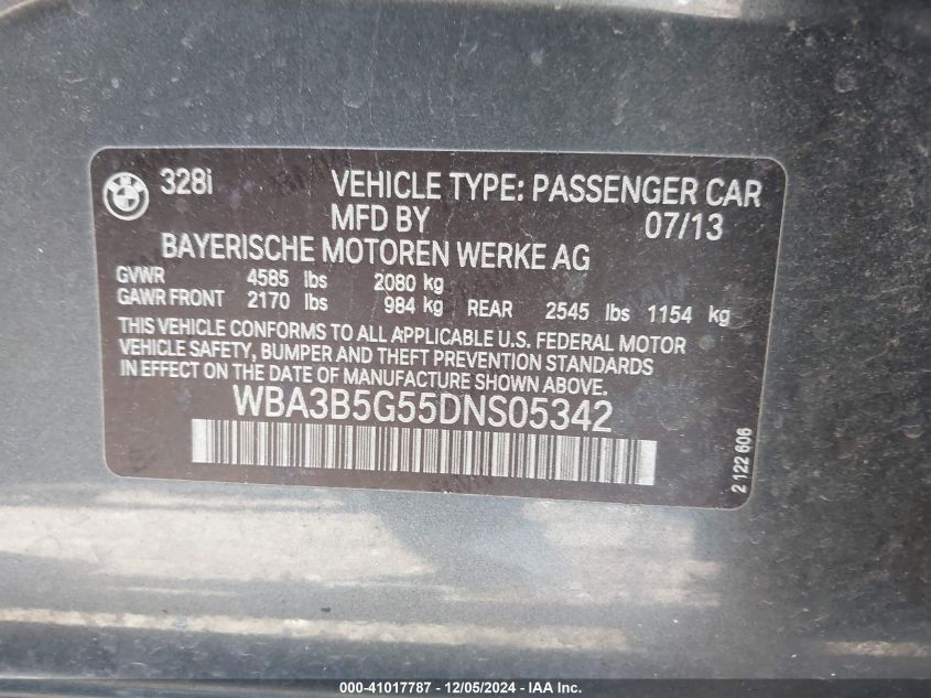 VIN WBA3B5G55DNS05342 2013 BMW 328I no.9